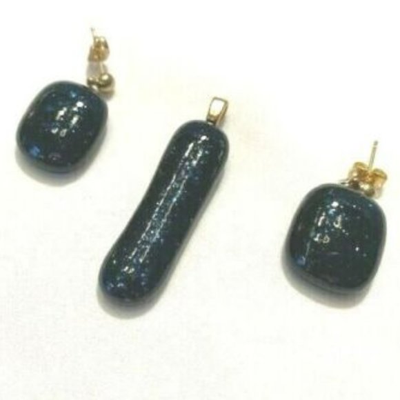 "Handmade" 3 Piece "Wrapped in Blue" - Dichoric Glass Earrings & Pendent-JM007 - Picture 3 of 5
